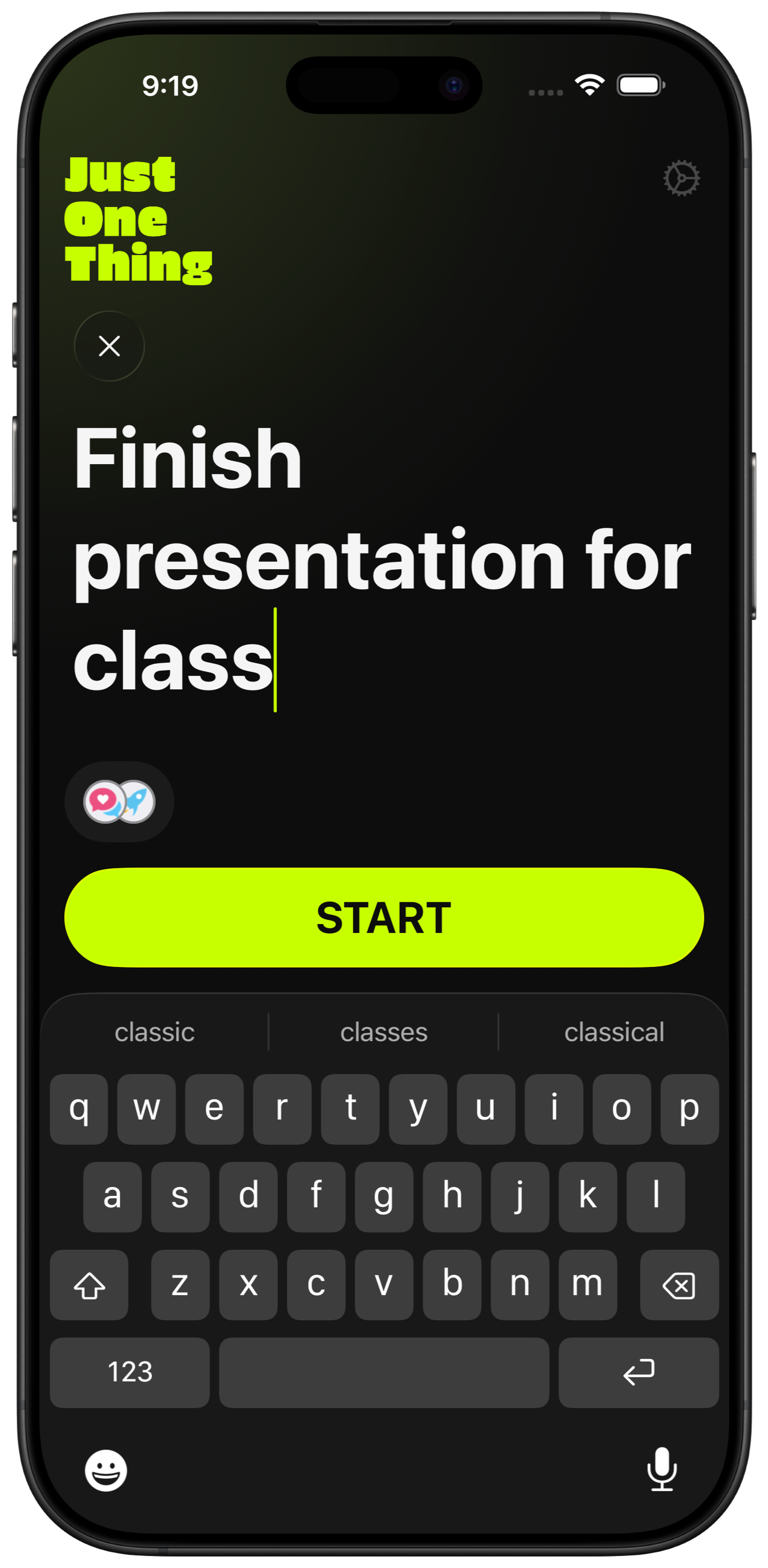 Just One Thing app main screen
